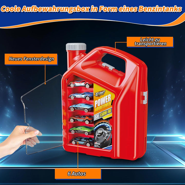 Charmofun Autorennbahn für Kinder, Rennstrecke Auto Spielzeug mit 6 Autos, Aufbewahrungsbox, Auto Re