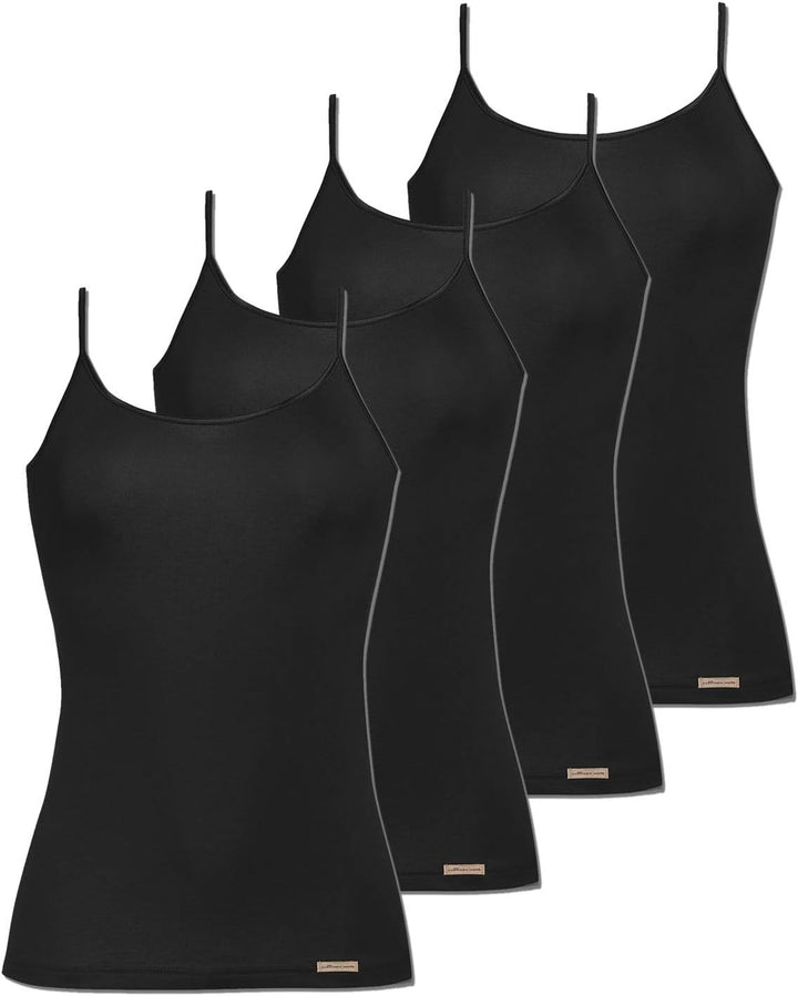 COMAZO Earth 4er Sparpack Damen Unterhemd Spaghettiträger, Gr. 36-46 38 Schwarz, 38 Schwarz