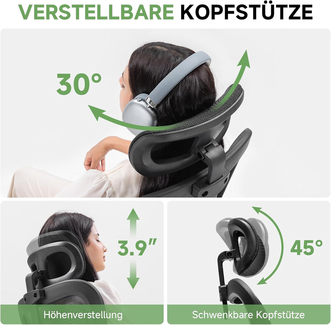 GTPLAYER Bürostuhl Ergonomisch, Schreibtischstuhl mit Verstellbarer Kopfstütze, Armlehnen, Lendenwir