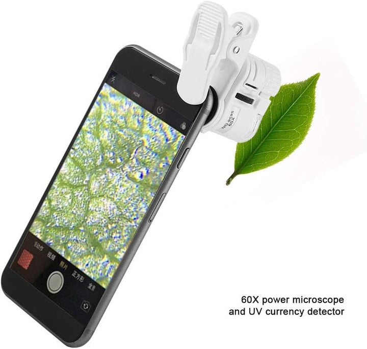 Mini Mikroskop, 9595W 60X Lupe LED UV Licht Mini Handy Clip Mikroskop, 2 Lampe Perle Universal Handy