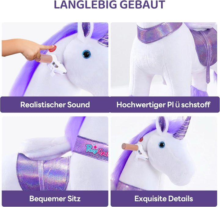 PonyCycle Einhorn zum Reiten für Kinder 3–4 Jahre, 76cm Hoch, Plüsch Einhorn auf Rollen mit Handbrem