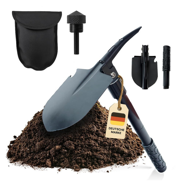 novaterra® Klappspaten 7in1 Multifunktionsspaten mit Säge &amp; Feuerstein Schwarz, Schwarz