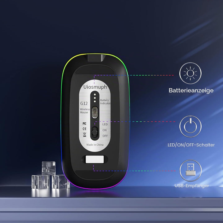 Uiosmuph G12 Maus Kabellos, LED 2.4G Leise Funkmaus Wiederaufladbar Wireless Mousemit Nano USB Empfä