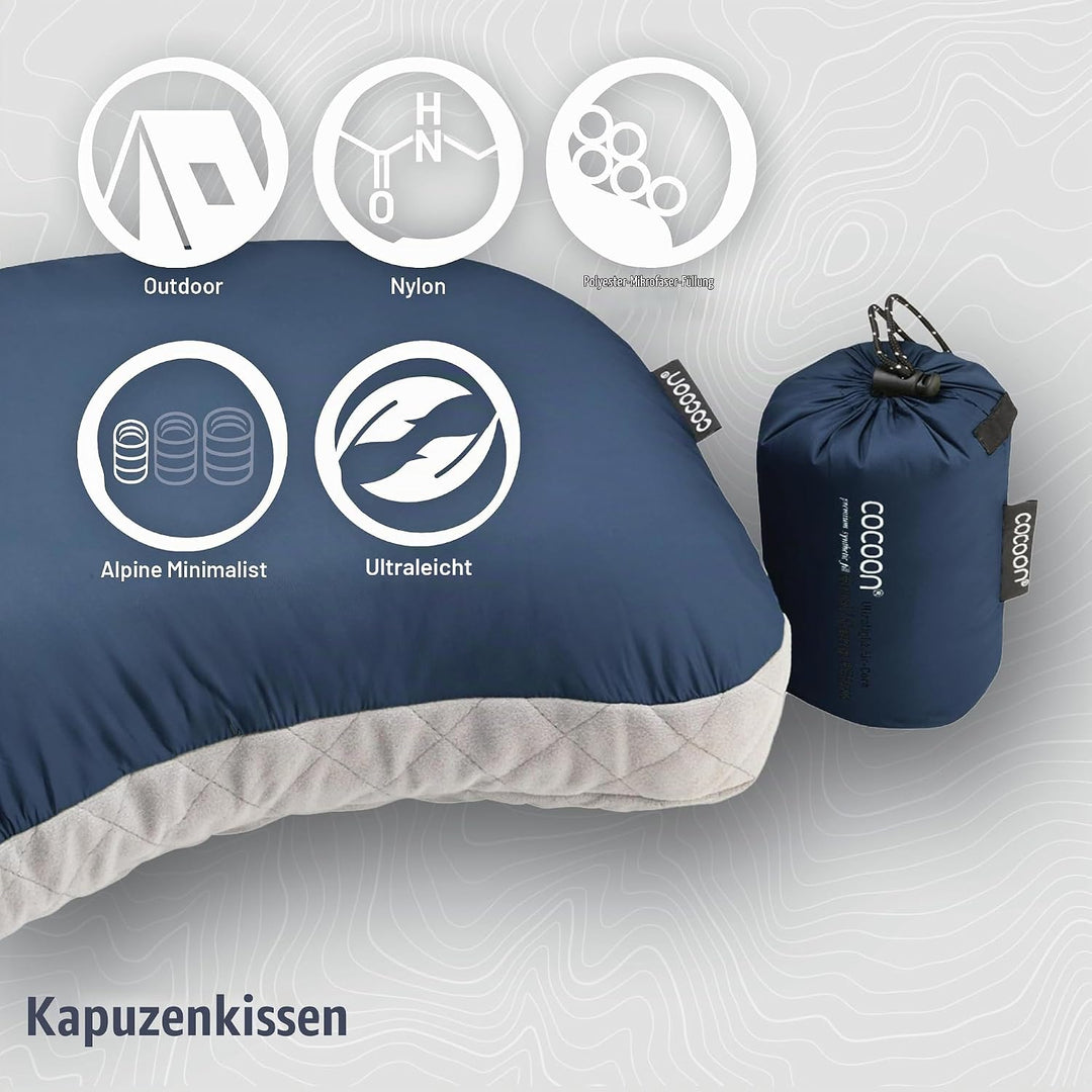 COCOON Air-Core Hood Camp Pillow - aufblasbares Camping- und Reisekissen, Farbe:light blue - hellbla