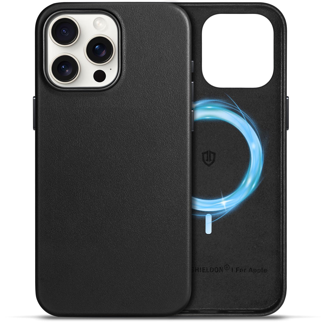 SHIELDON Hülle für iPhone 15 Pro Max Handyhülle Schutzhülle [Echtleder] [Kabellos Laden] [Elegant Au