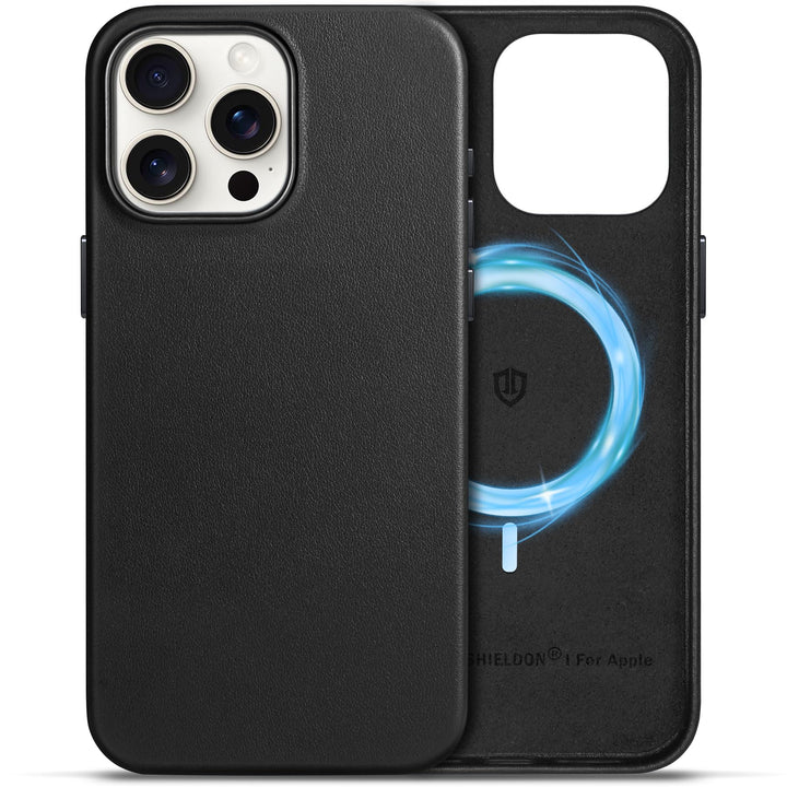 SHIELDON Hülle für iPhone 15 Pro Max Handyhülle Schutzhülle [Echtleder] [Kabellos Laden] [Elegant Au