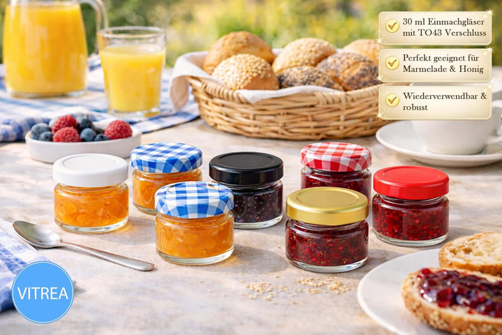 Vitrea 25x Mini Marmeladengläser 30 ml - mit Deckel Obst TO 43 - kleine Einmachgläser zum befüllen m