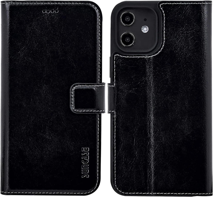 Suncase Book-Style Hülle kompatibel mit iPhone 12 (6.1") Leder Tasche (Slim-Fit) Lederhülle Handytas
