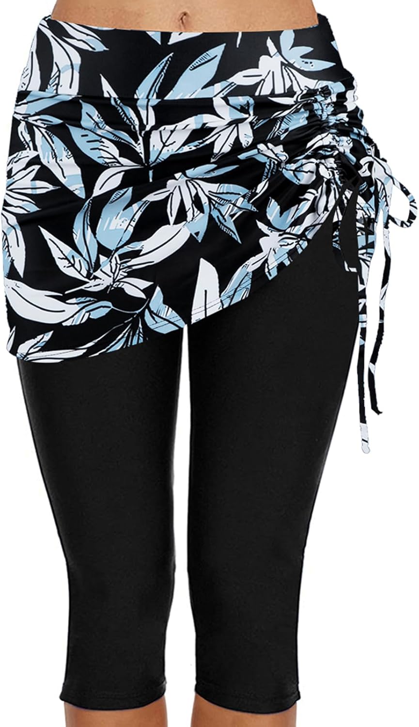 Ecupper Badehose Damen Lang Schwimmhose Capri Badeleggings Mit Rock Schwimm XL Blaue Blume, XL Blaue