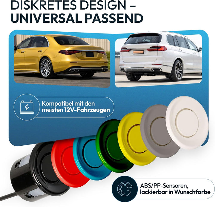 VSG24 Einparkhilfe Set hinten mit 4 Sensoren in Silber – robuste PDC Parkhilfe für Auto, SUV & Trans