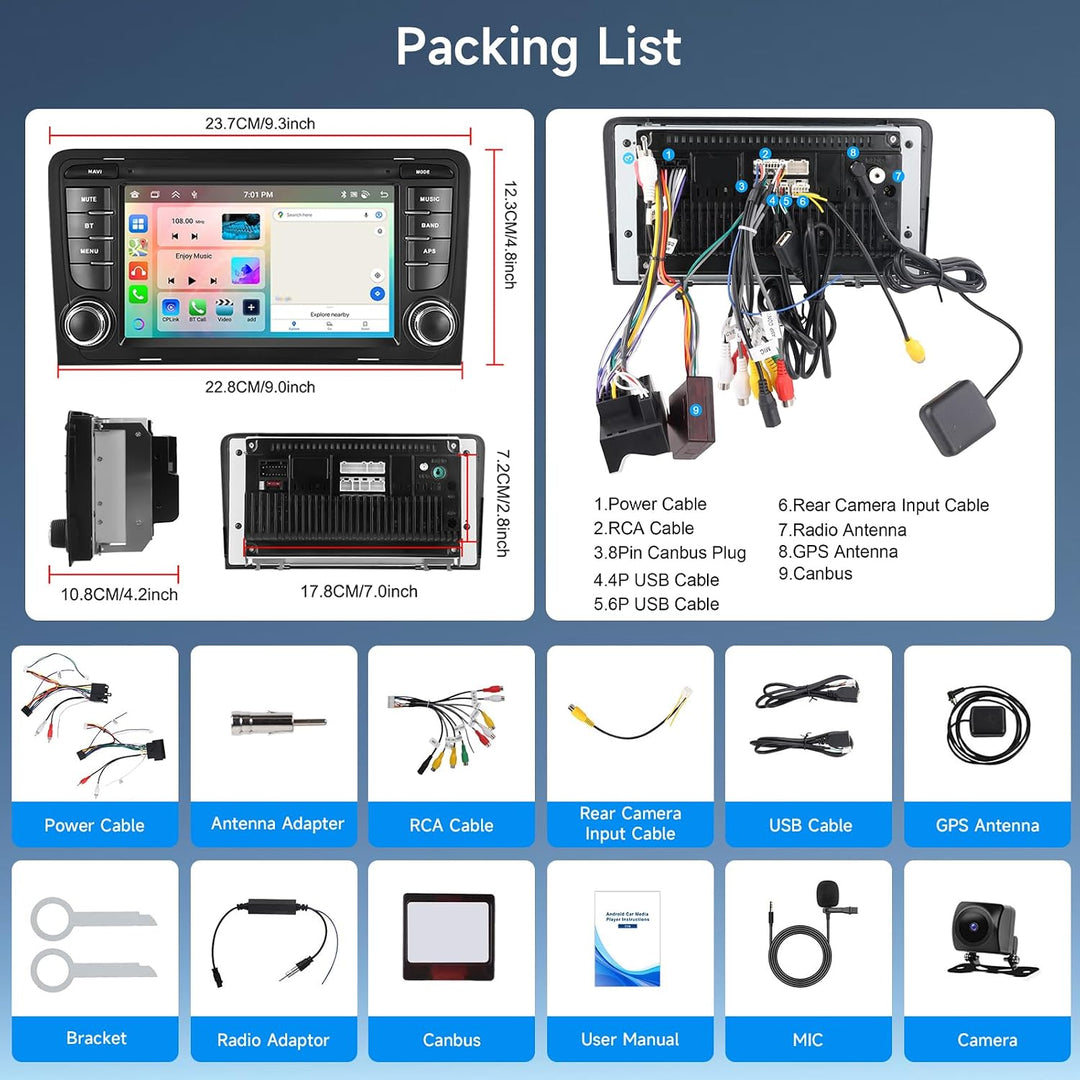 8 Core 4G+64G Android Autoradio für Audi A3 2003-2012/ S3 2006-2012/ RS3 2011-2012 mit Wireless Carp
