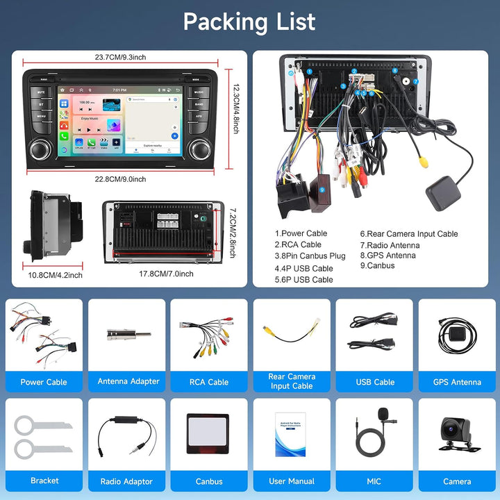 8 Core 4G+64G Android Autoradio für Audi A3 2003-2012/ S3 2006-2012/ RS3 2011-2012 mit Wireless Carp