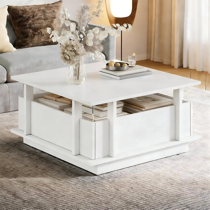 okwish Couchtisch Hochglanz,Sofatisch mit Zwei Schubladen und LED-Beleuchtung,Wohnzimmertisch,Quadra
