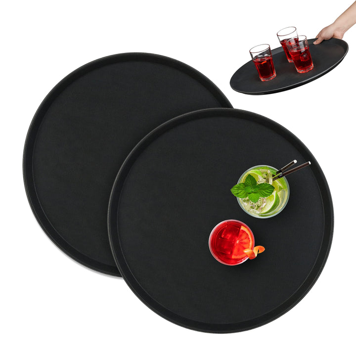 Relaxdays Serviertablett 2er Set, rund Ø 45 cm, Bartablett, rutschfeste Oberfläche, Kellnertablett G