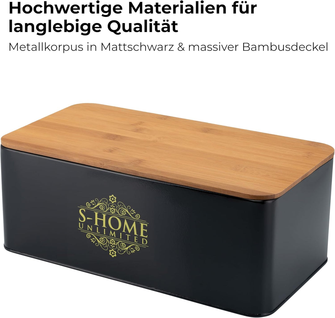 Brotkasten Metall Schwarz mit Bambusdeckel | 2-in-1 Brotbox &amp; Schneidebrett | Belüftete Brotaufbewah