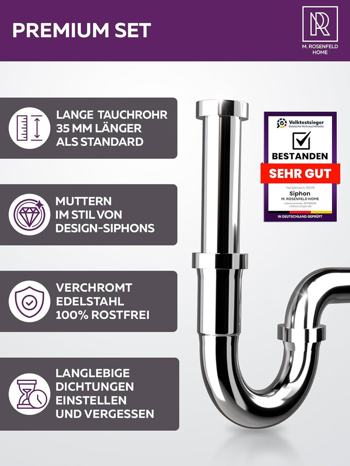 Siphon Waschbecken 1 1/4" Grösse L – Höhenverstellbarer Röhrensiphon 85–110 mm – Edelstahl Geruchsve