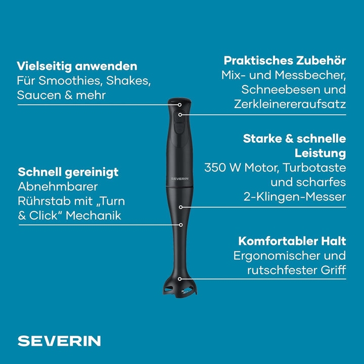 Severin 4-in-1 Stabmixer inkl. 700ml Mix- & Messbecher, Schneebesen, Zerkleineraufsatz, Mixstab, abn