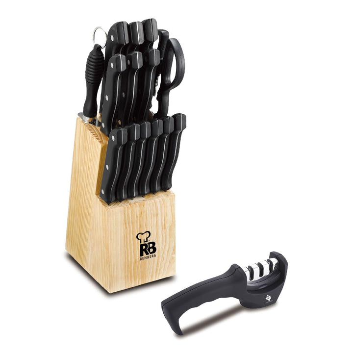 RENBERG TENESSY - Set 15-teilig Messer und Messerschärfer mit Holzmesserblock - Edelstahl - Schwarze