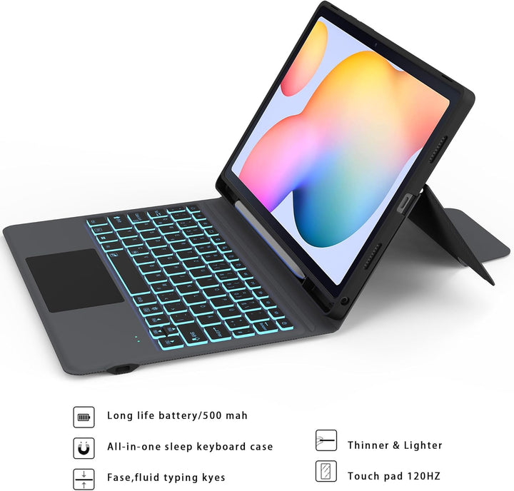 für Samsung Galaxy Tab S6 Lite 10,4 Zoll 2024/2022/2020 Hülle mit Tastatur QWERTZ : 7-Farbige Beleuc