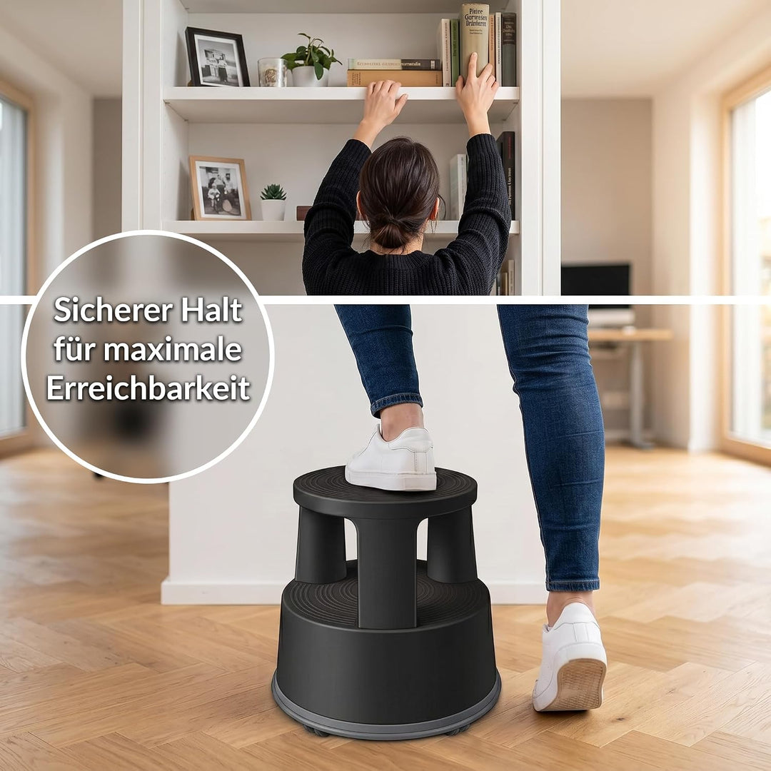Office Marshal Rollhocker Kunststoff Elefantenfuss schwarz, Rutschfester Tritthocker mit Rollen, mob