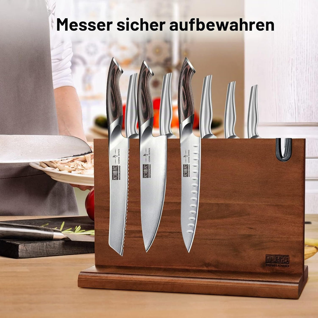 HOSHANHO Messerblock Magnetisch mit Schärfer, Doppelseitiger Starker Magnetischer Messerhalter, Natü