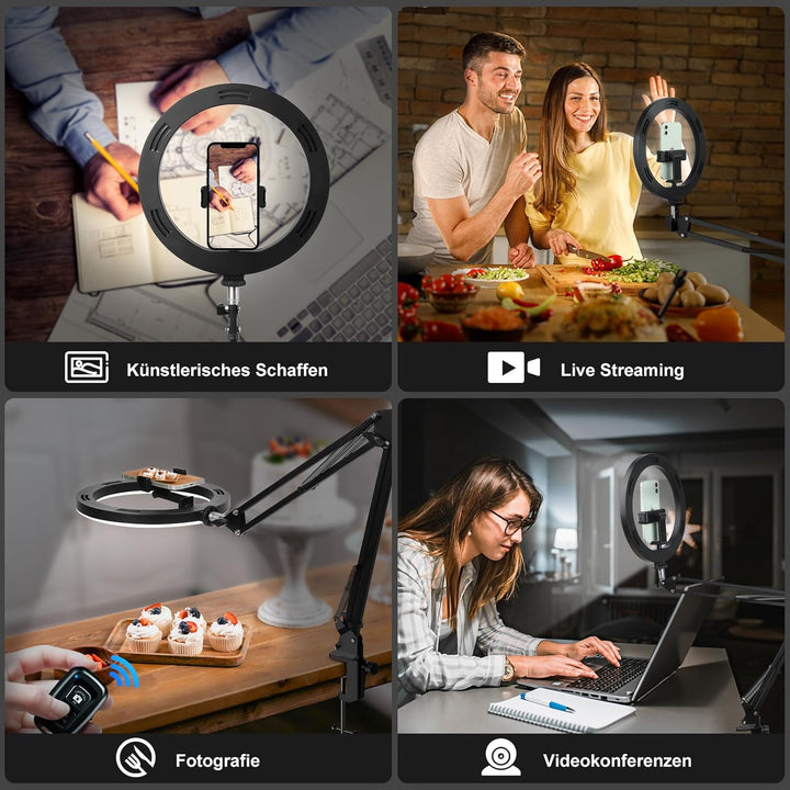 Evershop Ringlicht mit Stativ Handy Overhead,10” Ring Light mit Fernsteuerung Ringleuchte Flexibel S