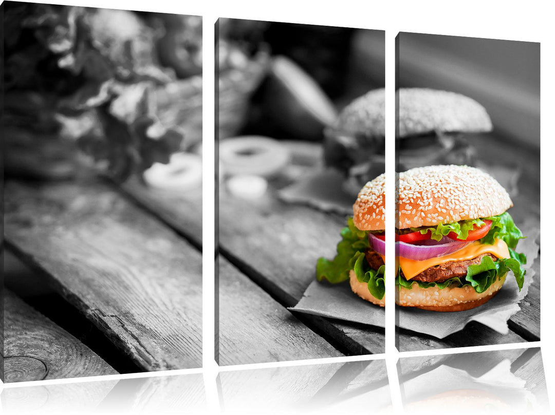 Pixxprint Leckere Burger als Leinwandbild | Grösse: 3 Teilig (120x80) | Wandbild| Kunstdruck | ferti