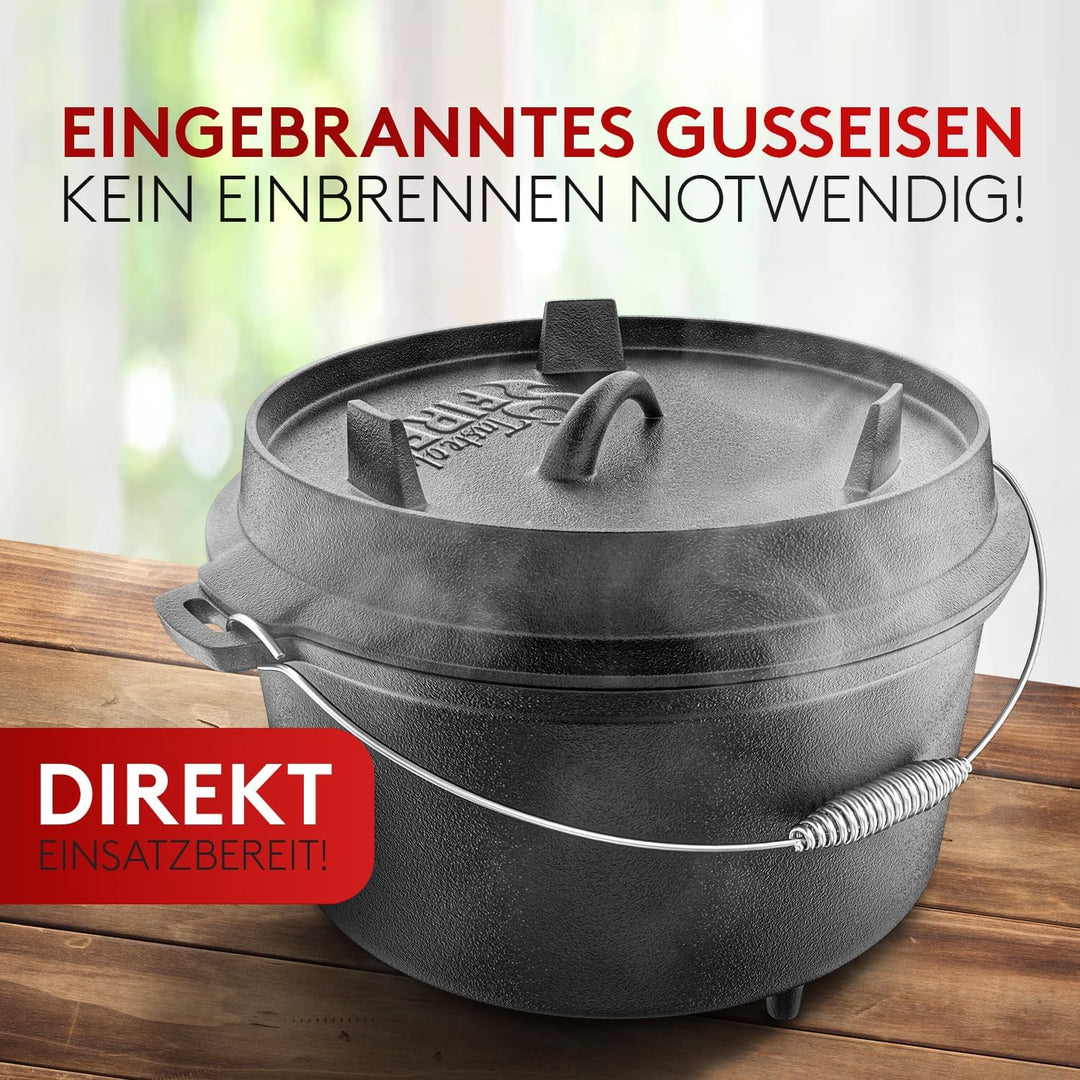 BBQ Dutch Oven [Das Original] - Dutch Oven Set [9L] – Eingebrannter Feuertopf aus Gusseisen mit Füss