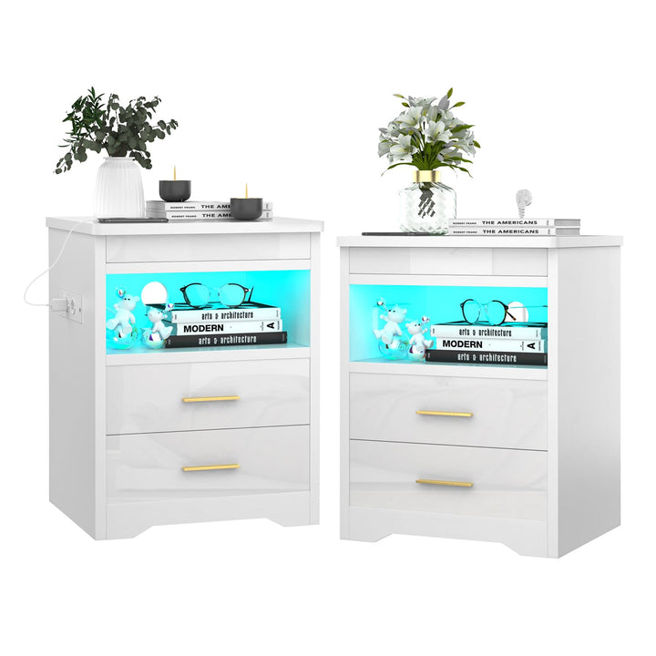 PIPIPOXER 2er Set Nachttisch mit Steckdose &amp; USB &amp; abschliessbar, Nachttisch Weiss mit LED Nachtkomm