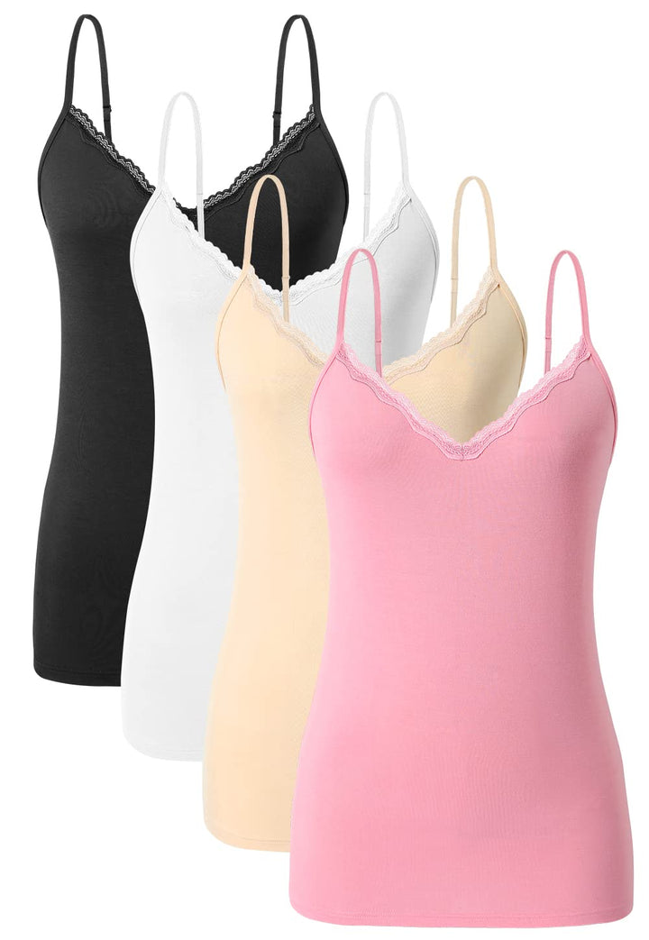 Damen Tanktop mit Spitzen Unterhemd Spaghettiträger Basic Top V-Ausschnitt Verstellbare Trägertop 4e