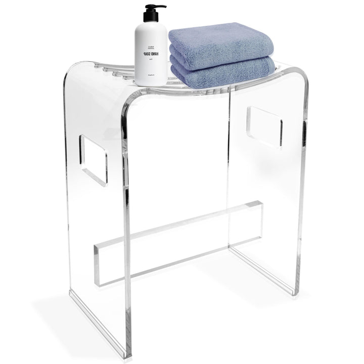 StarK Duschhocker aus klarem Acryl - 43 cm hoch - U-Form mit Ablauf-Schlitzen - rutschfest & rostfre