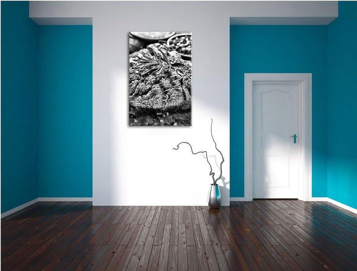Pixxprint Leckeres Fleisch mit Rosmarin als Leinwandbild/Grösse: 100x70 cm/Wandbild/Kunstdruck/ferti