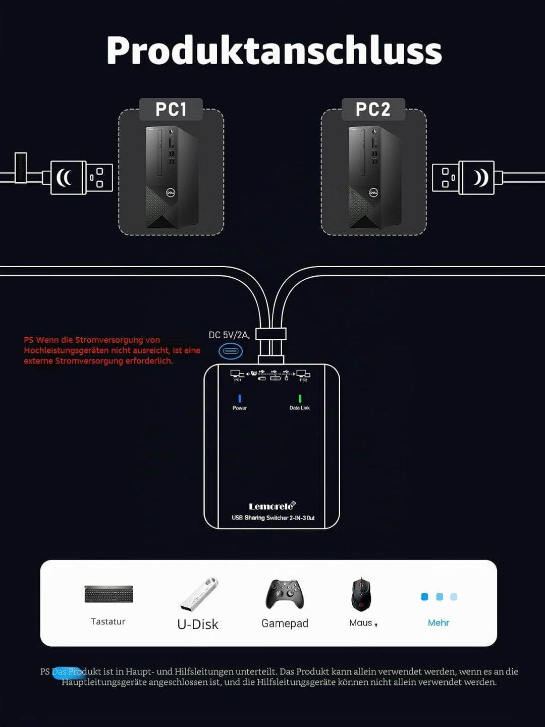 USB Switch Adapter, Lemorele 3 Ports USB Share USB Switch für 2 PCs, 2 In 3 Out USB KVM Switch Hub m