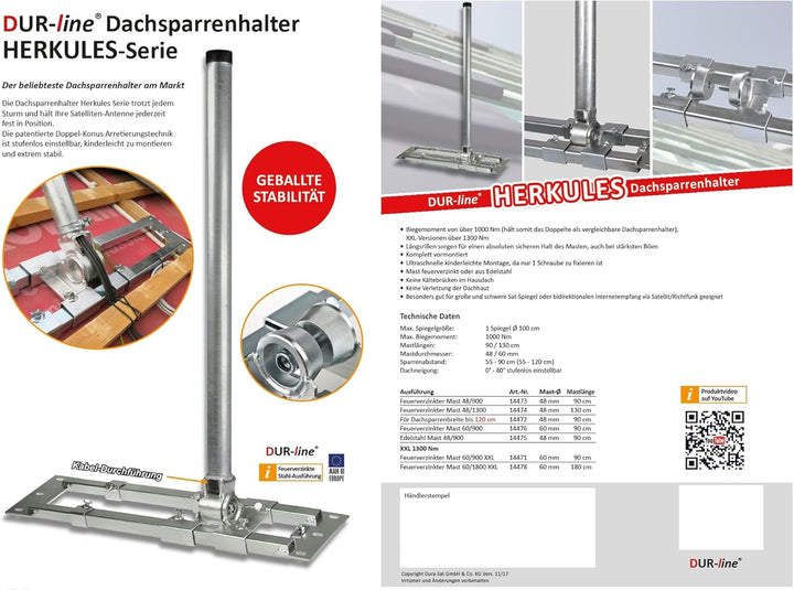 Dachsparrenhalter - DUR-line® Herkules S48-1300 - über 1000Nm - Breite: 55-90 cm, Masthöhe: 130 cm,