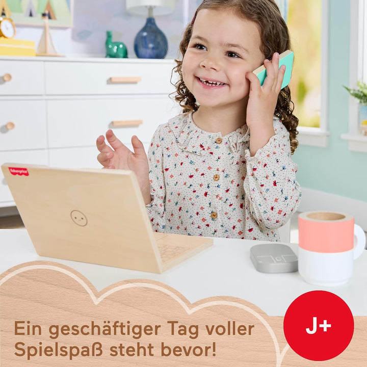 Fisher-Price Homeoffice-Set aus Holz für Kindergartenkinder, 9 Zubehörteile mit Holz-Laptop und -Tel