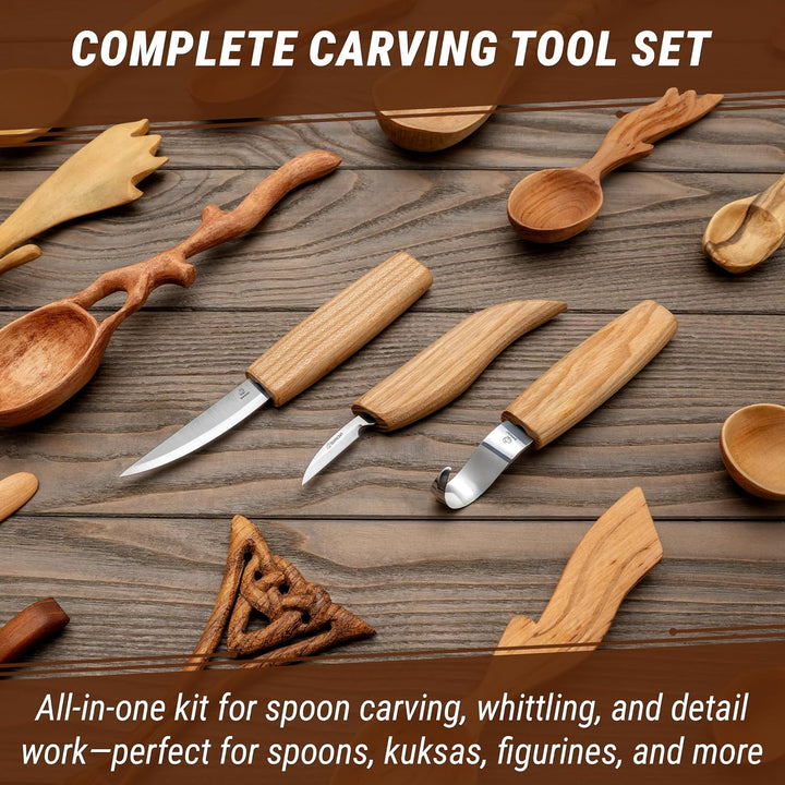 BeaverCraft S13 Holzschnitzerei Werkzeuge Set für Löffelschnitzen 3 Messer in Werkzeugsrolle Abziehr