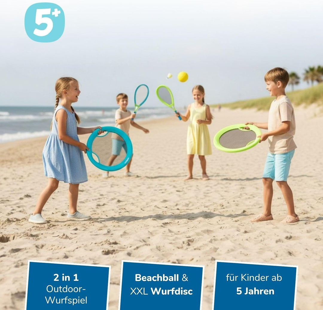 alldoro 68714 Beachball-Set 4in1, XL-Federball, XL-Soft-Tennis, Beachball &amp; Wurfscheibe, wetterfeste