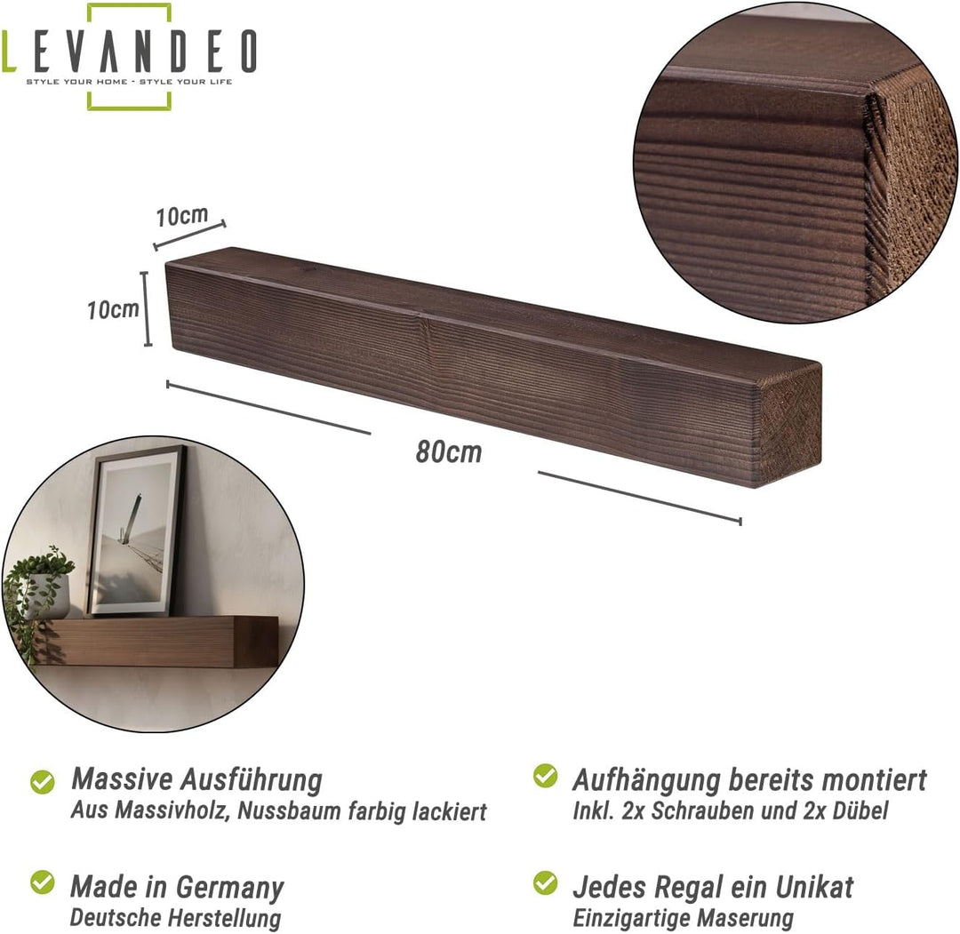 levandeo Wandregal Holz Massiv 80x10cm Nussbaum Farbig Wandboard Vintage Rustikal Design Natur Regal