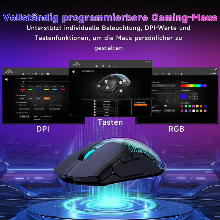 Gaming Maus Kabellos, 12K DPI, 2,4g/USB-C/Bluetooth 5.3 Gaming Mouse, GrossE RGB-Hintergrundbeleucht