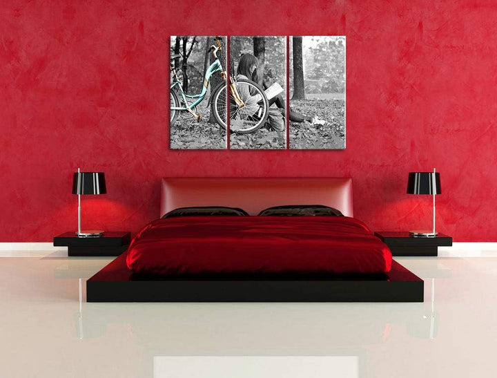 Pixxprint Junges Mädchen mit Fahrrad als Leinwandbild | Grösse: 3 Teilig (120x80) | Wandbild| Kunstd