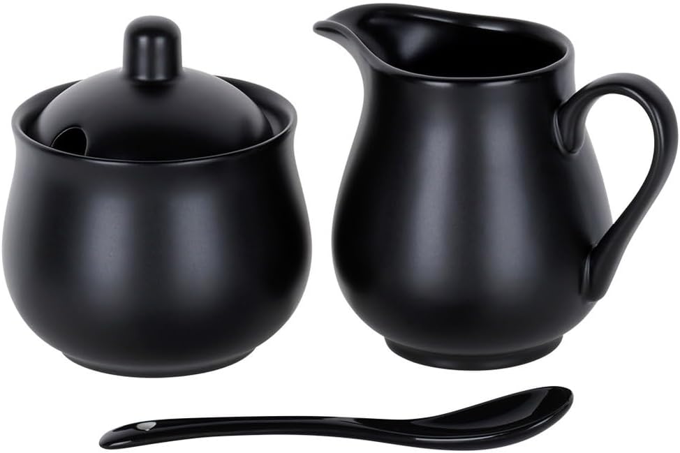 Vilde Milchkännchen und Zuckerdose Set aus Porzellan 2-teilig mit Deckel Löffel Schwarz - Modern Kaf
