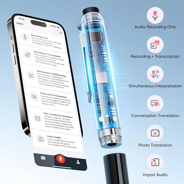 Stylo Enregistreur Vocal IA, KI-Diktiergerät 64 GB Echtzeit-Transkription & Übersetzung, 360° Mikrof