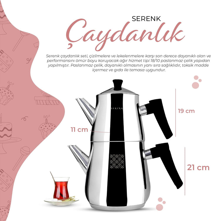 Serenk Edelstahl-Teekannen-Set, 1L &amp; 2L, Doppelstöckig, Induktionsgeeignet, Schwarzer Griff Silber/S