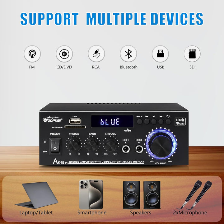 AK45 Pro Verstärker HiFi Stereo 500 Watt, 2 Kanal Mini Audio Receiver mit w/UKW-Radio, USB/SD/AUX/RC