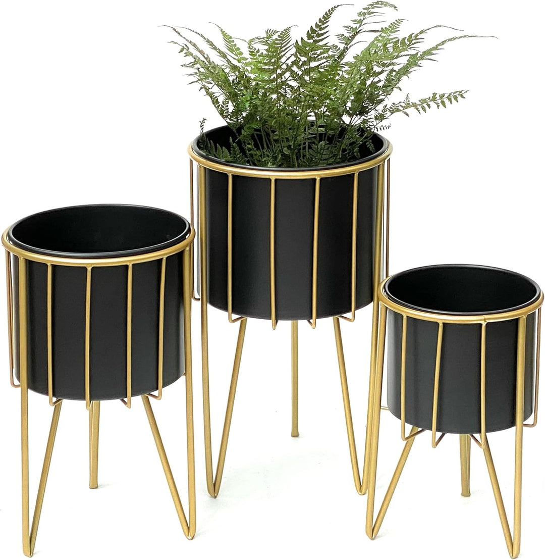DanDiBo Blumenhocker mit Topf Metall Gold Schwarz Rund 3er Set Blumenständer 96039 Blumensäule Moder