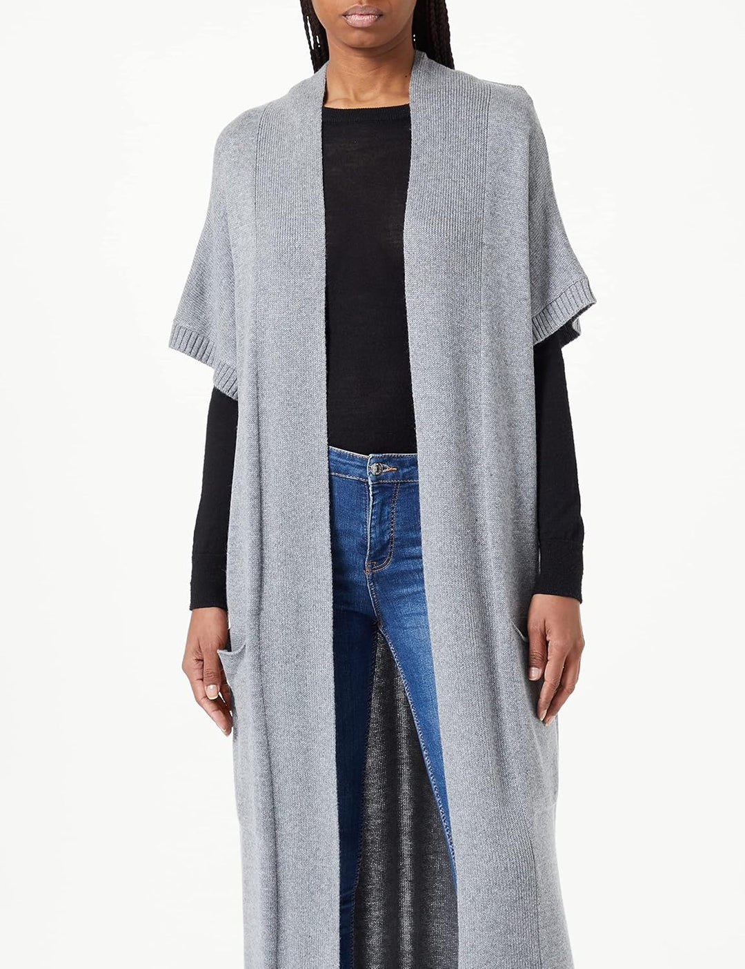 True Religion Damen Long Collarless Vest Strickjacke, Grey Melange
