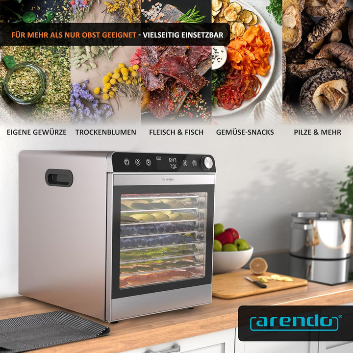 Arendo - Dörrautomat Edelstahl mit 10 Edelstahlgitter - 8400 cm² - Dörrgerät Dehydrator Obsttrockner