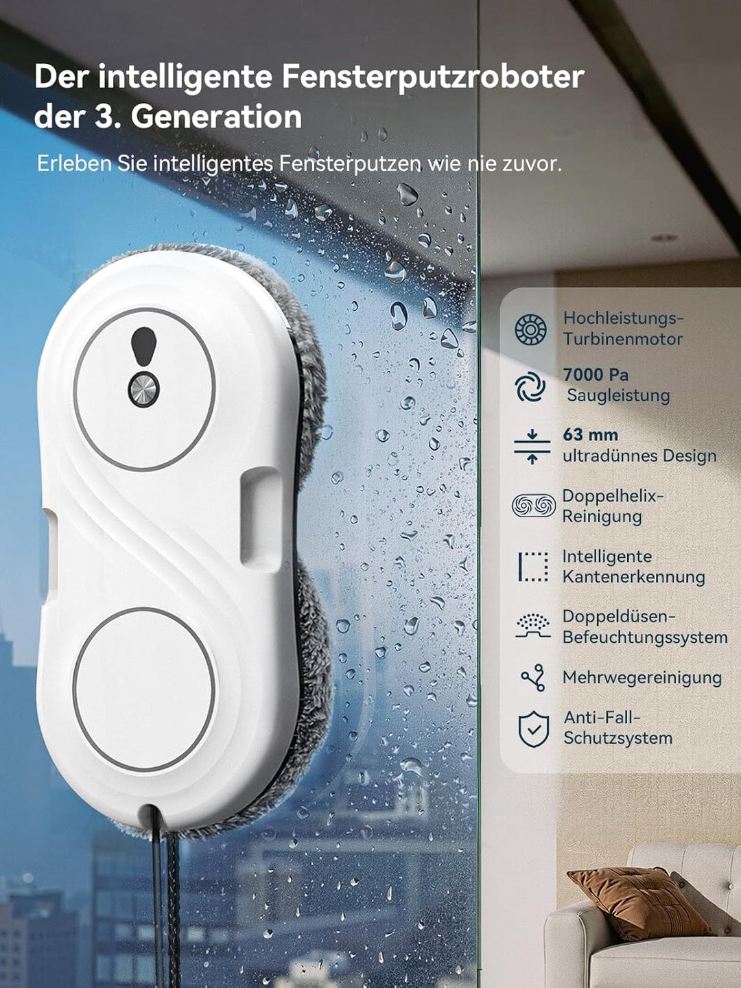Keero Fensterputzroboter mit Turbinenmotor, 7000Pa Fensterroboter, Starke Saugkraft, Doppelhelix-Rei