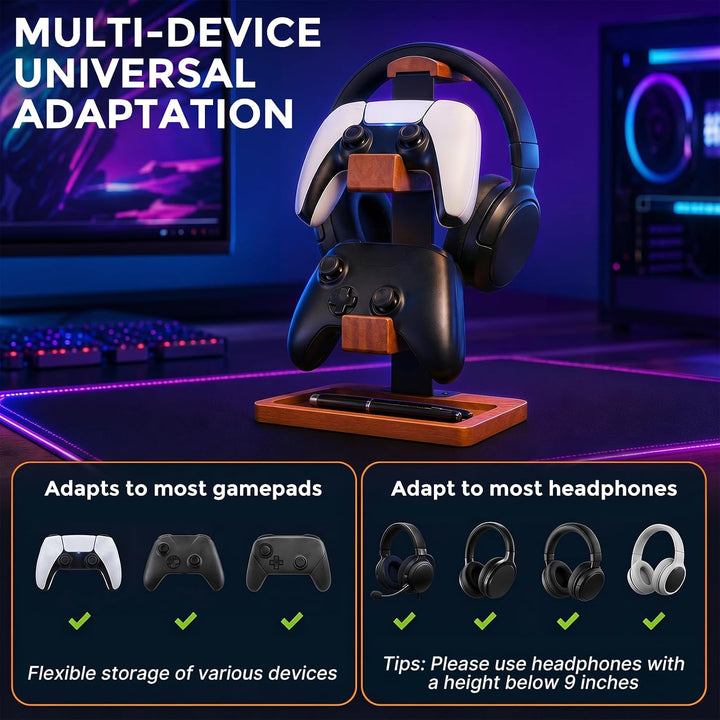 Controller Halter und Headset Ständer Holz, 3-Ebenen Gaming Controller Ständer mit Ablageschale, Mas