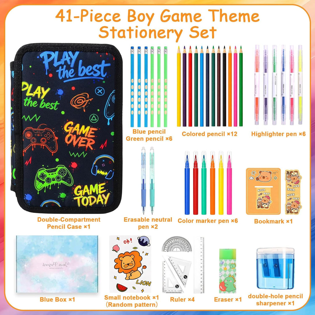 Federmäppchen Jungen 41 Teilig, 3 Fach Gaming Federtasche | Stiften, Textmarker, Radierer, Lineal Se